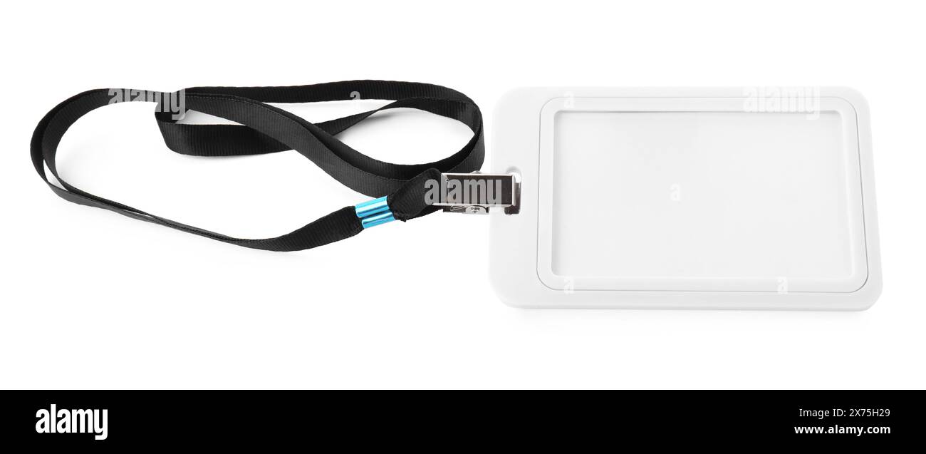 Blank badge with black string isolated on white Stock Photo - Alamy
