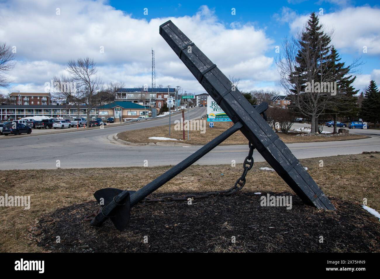Admiralty anchor display at Ritchie Wharf Park in Miramichi, New