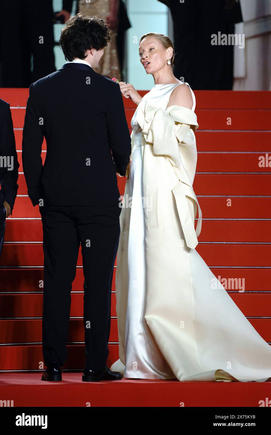 Cannes, France. 17th May, 2024. Uma Thurman and Homer James Jigme Gere attends Oh, Canada Screening red carpet at the 77th annual Cannes Film Festival at Palais des Festivals on May 17, 2024 in Cannes, France Stock Photo