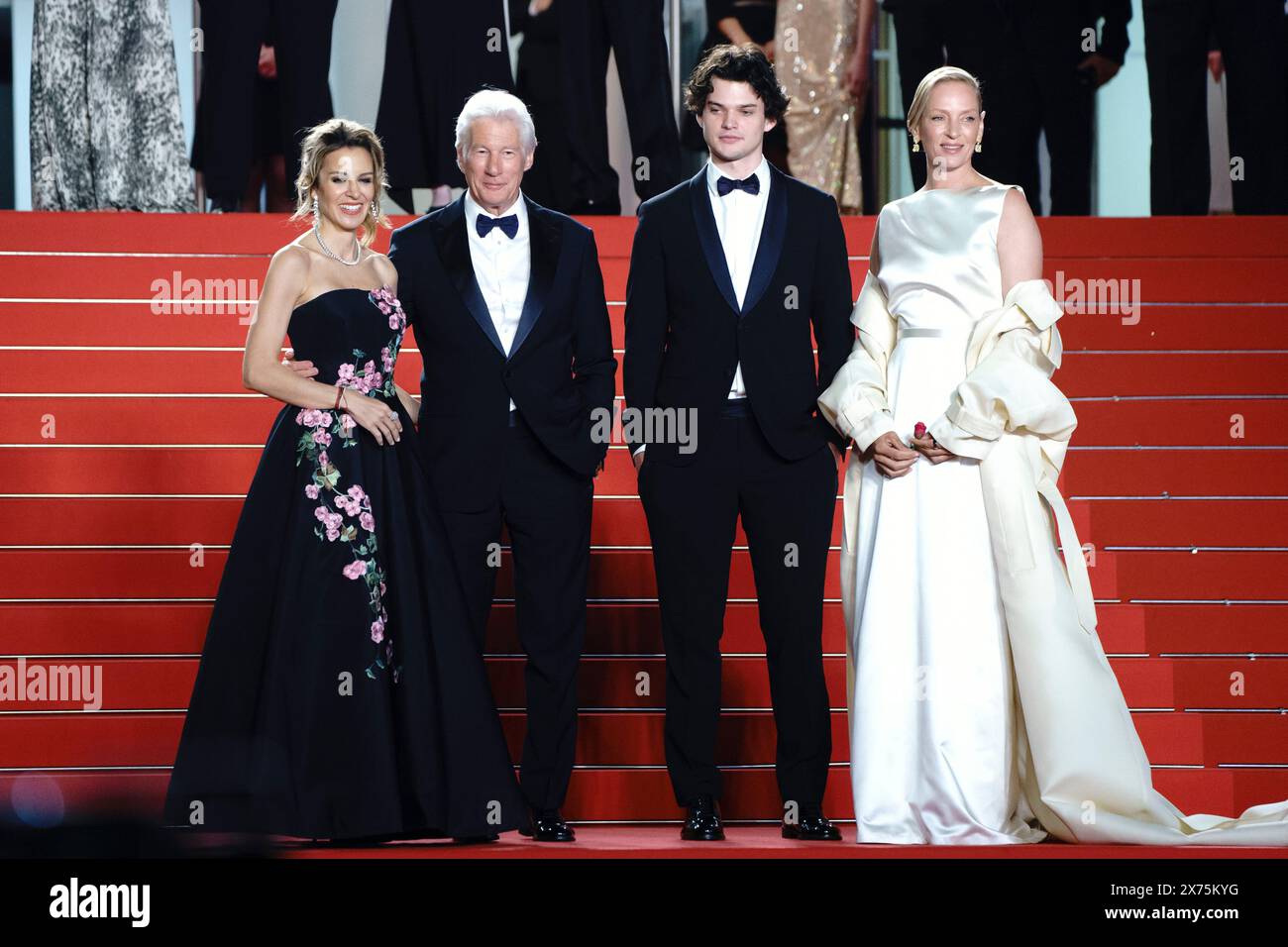 Cannes, France. 17th May, 2024. Alejandra Silva, Richard Gere, Homer James Jigme Gere and Uma Thurman attends Oh, Canada Screening red carpet at the 77th annual Cannes Film Festival at Palais des Festivals on May 17, 2024 in Cannes, France Stock Photo