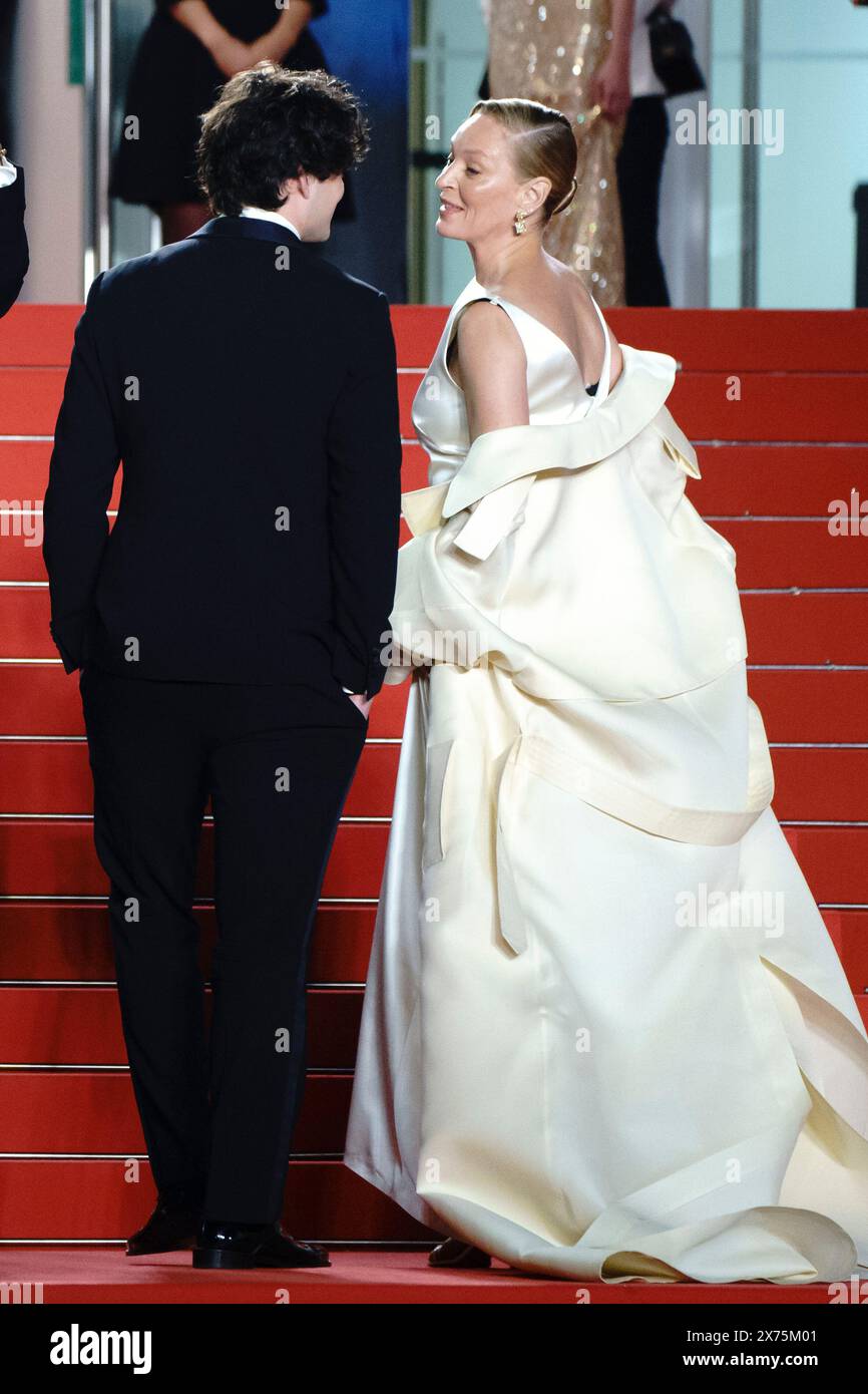 Cannes, France. 17th May, 2024. Homer James Jigme Gere and Uma Thurman attends Kinds of Kindness Screening red carpet at the 77th annual Cannes Film Festival at Palais des Festivals on May 17, 2024 in Cannes, France Stock Photo