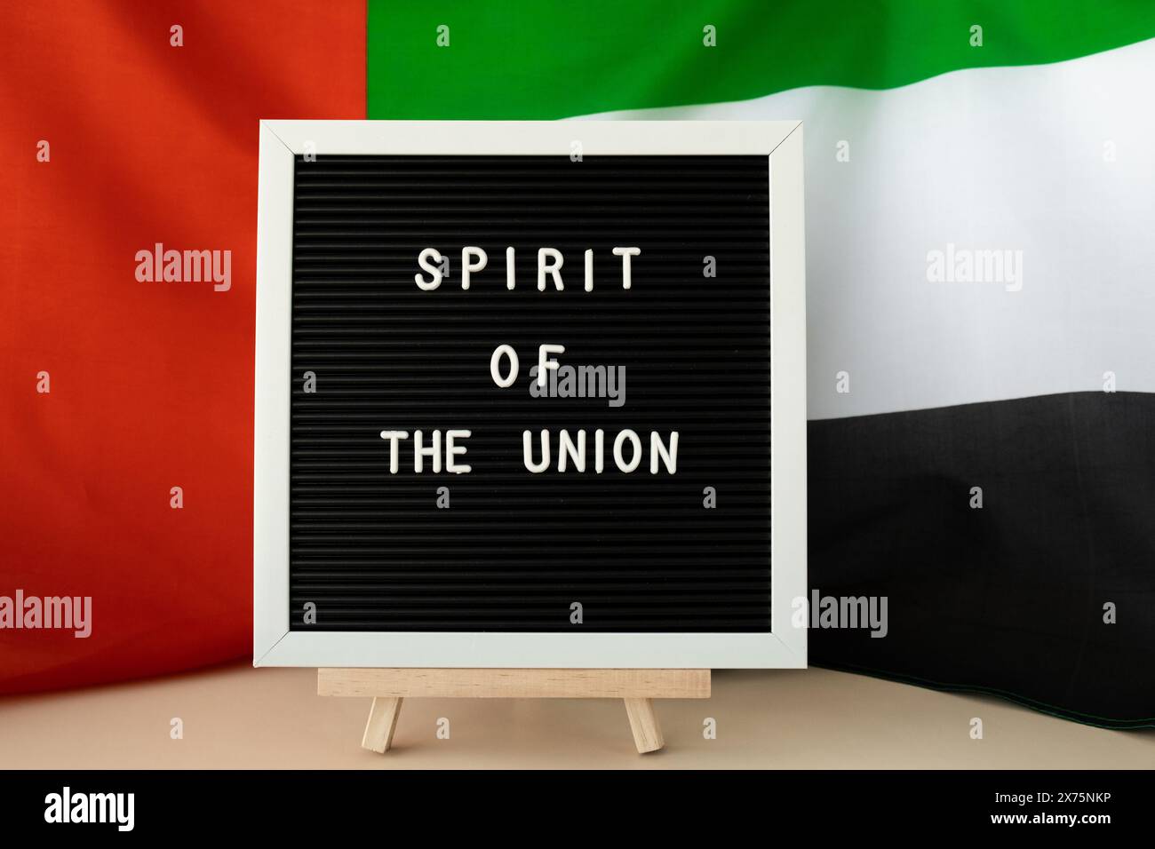 SPIRIT OF THE UNION text frame on United Arab Emirates waving flag made ...