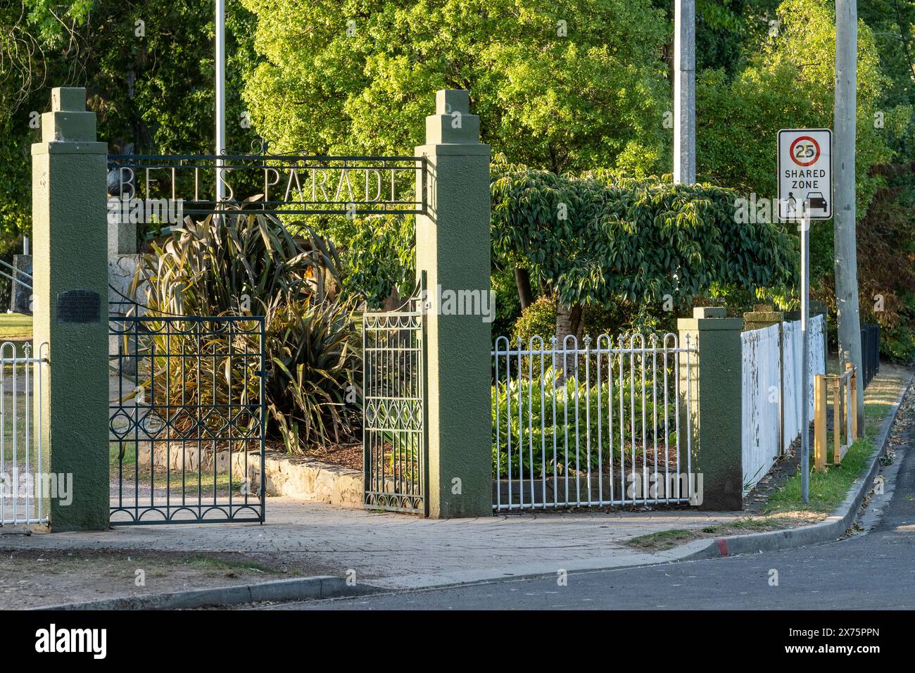 Gated entrance to the Bells Parade Reserve on the banks of the Mersey River, Latrobe, Tasmania Stock Photo