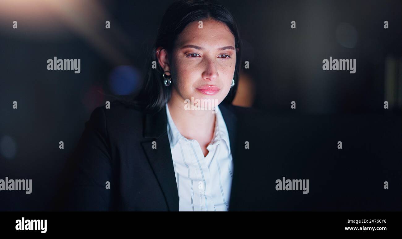Night, business and woman with laptop, commitment and scroll with ...