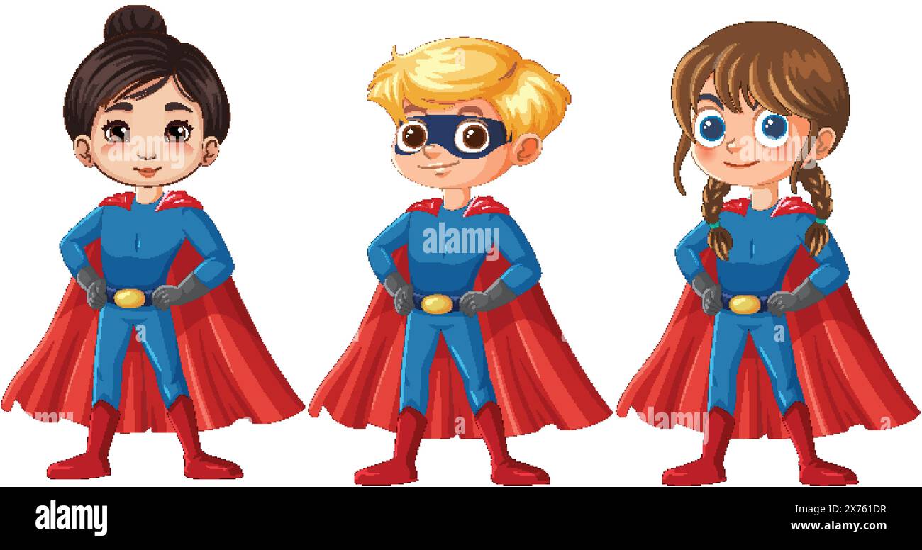Three children dressed as superheroes standing confidently Stock Vector ...