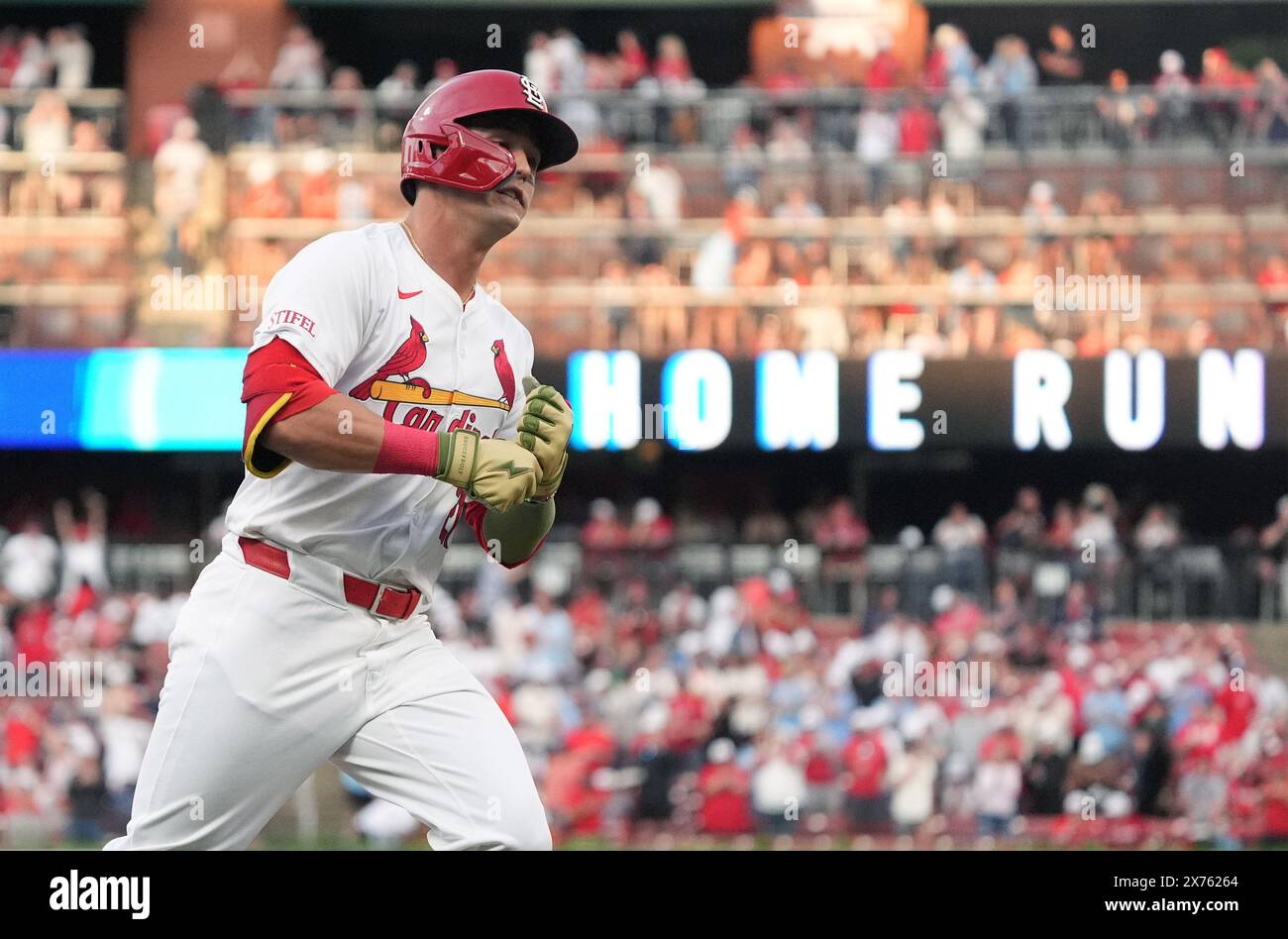 St. Louis, United States. 17th May, 2024. St. Louis Cardinals Lars Nootbaar rounds third base after hitting a two run home run in the first inning against the Boston Red Sox at Busch Stadium in St. Louis on Friday, May 17, 2024. Photo by Bill Greenblatt/UPI Credit: UPI/Alamy Live News Stock Photo