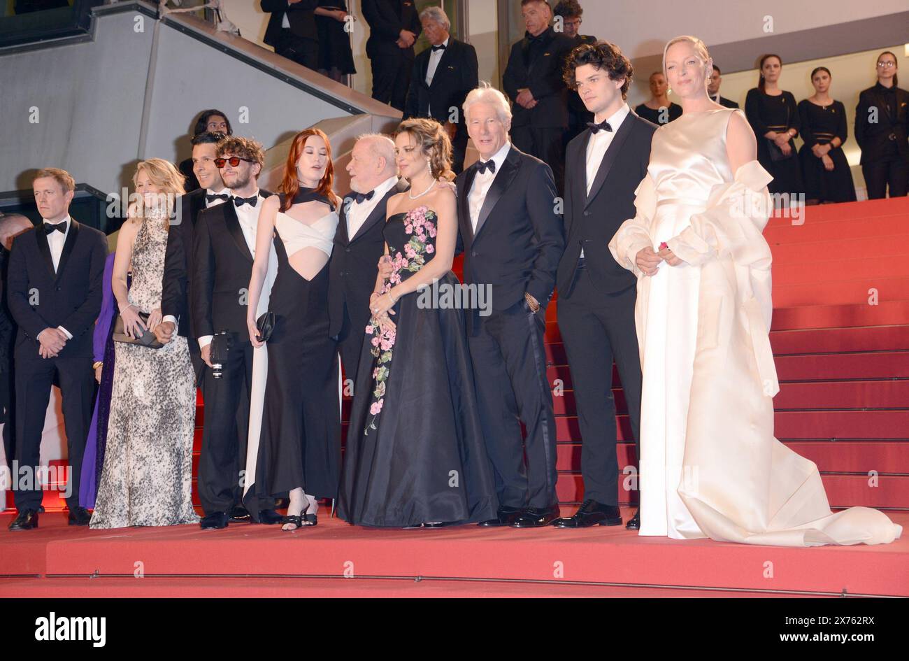 May 17, 2024, Cannes, France: CANNES, FRANCE - MAY 17: (L-R) Scott Lastaiti, Luisa Law, Tiffany Boyle, a guest, Andrew Wonder, Taylor Jeanne, Paul Schrader, Penelope Mitchell, Alejandra Silva, Richard Gere, Homer James Jigme Gere and Uma Thurman attend the ''Oh, Canada'' Red Carpet at the 77th annual Cannes Film Festival at Palais des Festivals on May 17, 2024 in Cannes, France. (Credit Image: © Frederick Injimbert/ZUMA Press Wire) EDITORIAL USAGE ONLY! Not for Commercial USAGE! Stock Photo