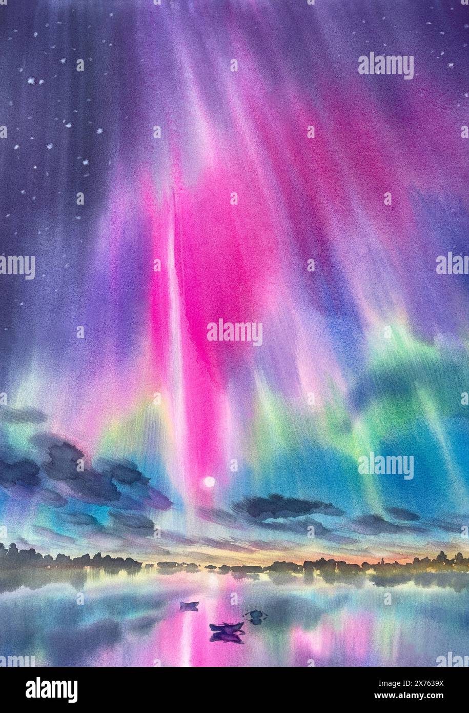 Nothern lights under the lake watercolor background. Hand painted ...