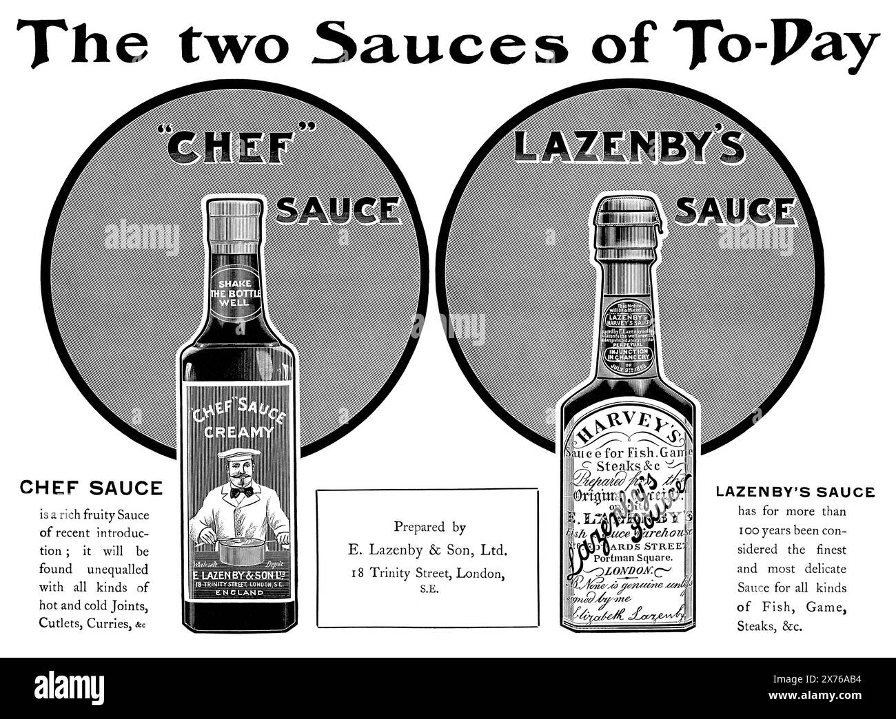 1904 British advertisement for Lazenby's Sauce and Chef Sauce. Stock Photo