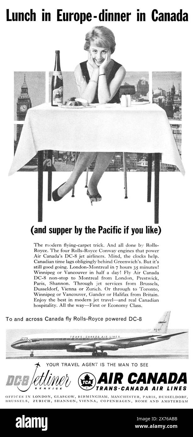 1961 British advertisement for Air Canada Trans-Canada Air Lines Douglas DC-8 airliners. Stock Photo