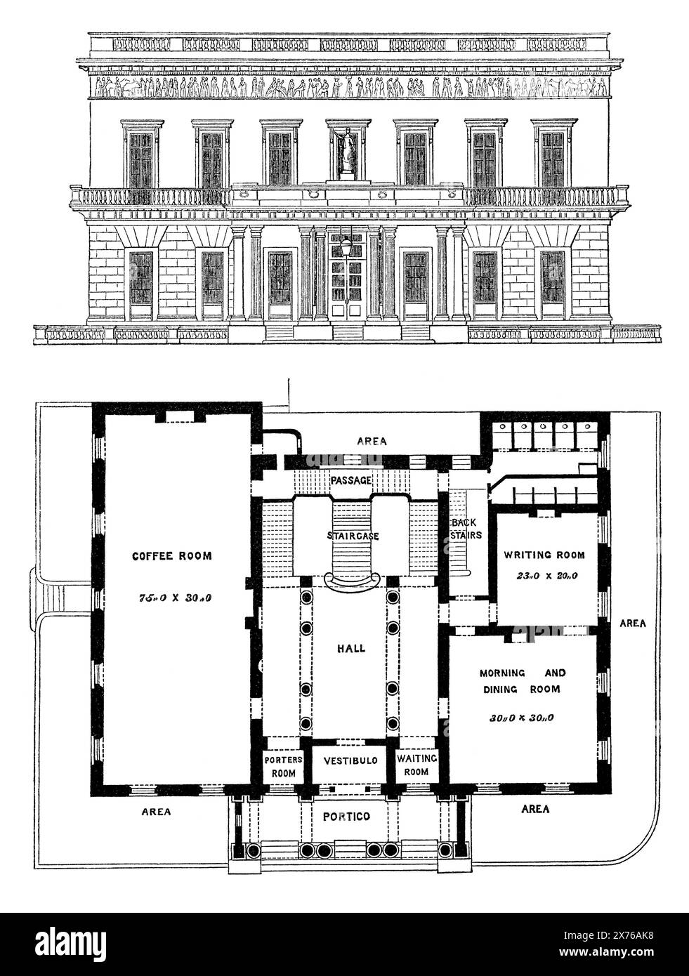 1854 vintage engraving of the Athanaeum Club in London, showing the front elevation and a ground floor plan. Designed by Decimus Burton. Stock Photo