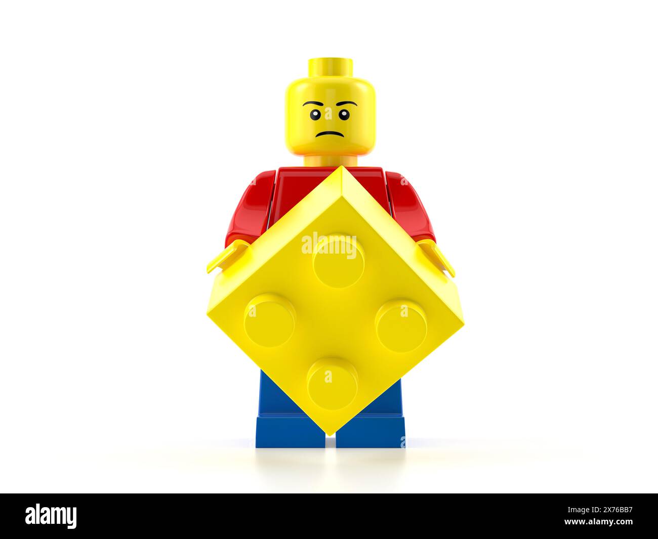Toy minifigure with toy brick on a white background. 3d illustration ...