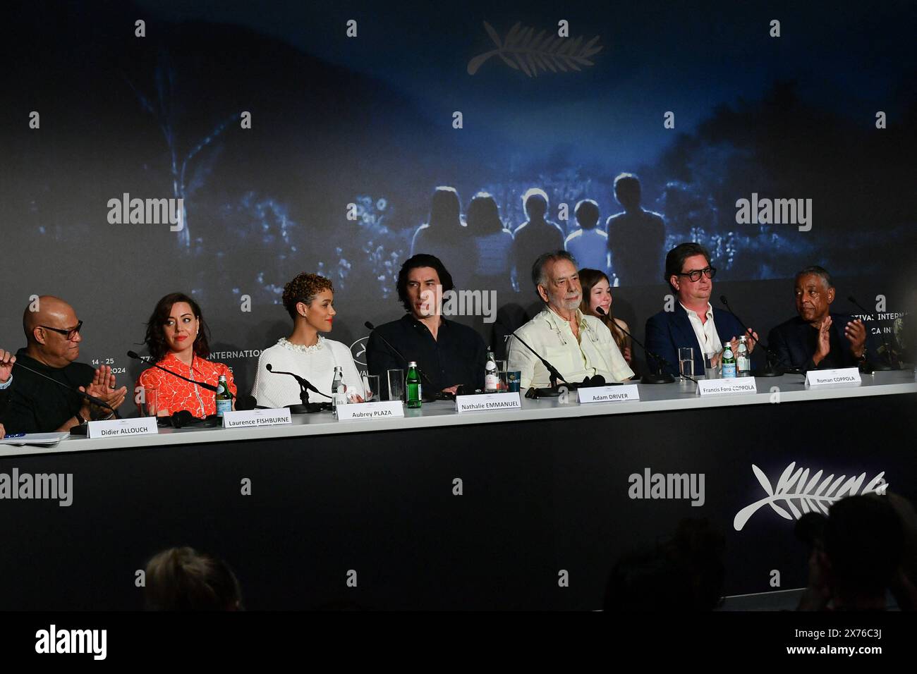 Cannes, France. 17th May, 2024. Laurence Fishburne, Aubrey Plaza, Nathalie Emmanuel, Adam Driver, Director Francis Ford Coppola, Cosima Mars, Roman Coppola, Giancarlo Esposito, Talia Shire, Jon Voight and Mihai Malaimare Jr. attend the Megalopolis press conference during the 77th annual Cannes Film Festival at Palais des Festivals on May 17, 2024 in Cannes, France. Photo by Cyril Pecquenard/Pool/ABACAPRESS.COM Credit: Abaca Press/Alamy Live News Stock Photo