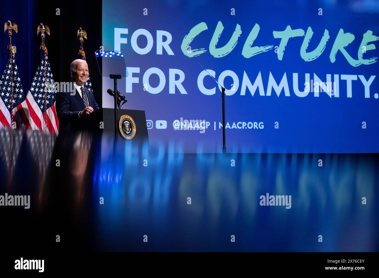 Washington, USA. 17th May, 2024. US President Joe Biden speaks at the National Museum of African American History and Culture in Washington, DC, US, on Friday, May 17, 2024. Black voters have long been a reliable mainstay of the Democratic Party, but Donald Trump, the former president and current Republican nominee, is garnering 22% support from Black voters in battleground states including Georgia. Photographer: Al Drago/Pool/Sipa USA Credit: Sipa USA/Alamy Live News Stock Photo