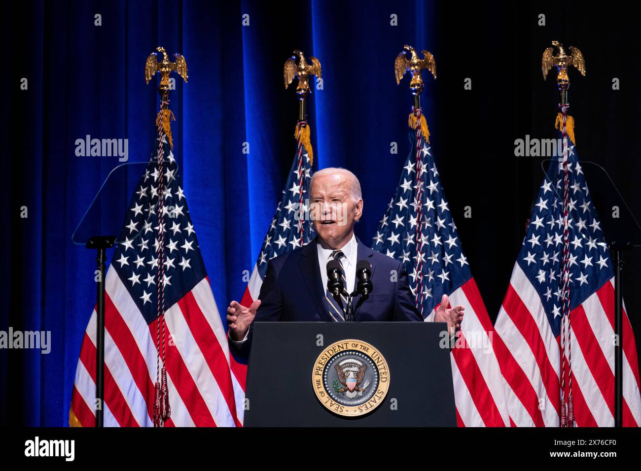 Washington, USA. 17th May, 2024. US President Joe Biden speaks at the National Museum of African American History and Culture in Washington, DC, US, on Friday, May 17, 2024. Black voters have long been a reliable mainstay of the Democratic Party, but Donald Trump, the former president and current Republican nominee, is garnering 22% support from Black voters in battleground states including Georgia. Photographer: Al Drago/Pool/Sipa USA Credit: Sipa USA/Alamy Live News Stock Photo