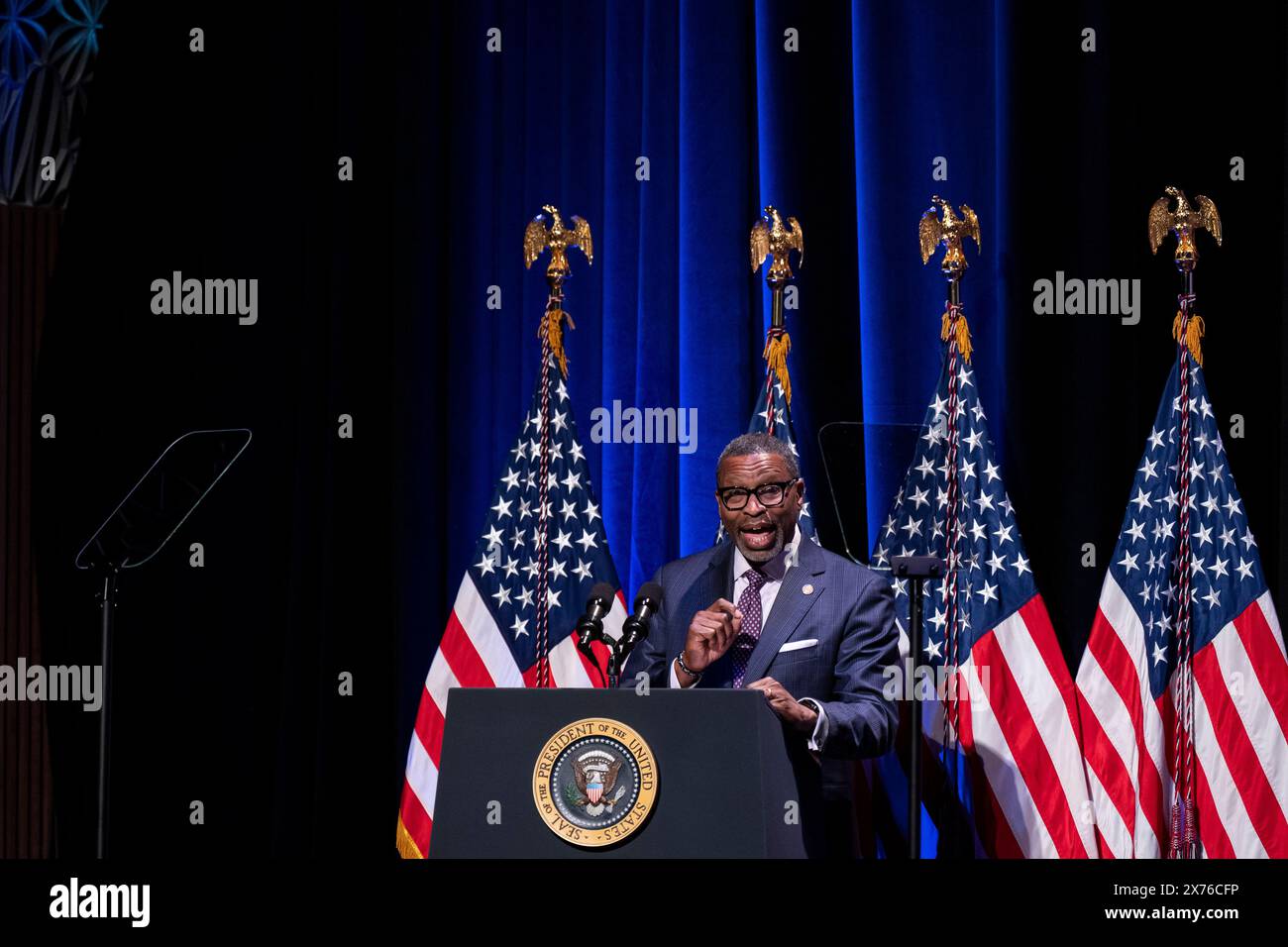 Washington, USA. 17th May, 2024. Derrick Johnson, president of the NAACP, speaks at the National Museum of African American History and Culture in Washington, DC, US, on Friday, May 17, 2024. Black voters have long been a reliable mainstay of the Democratic Party, but Donald Trump, the former president and current Republican nominee, is garnering 22% support from Black voters in battleground states including Georgia. Photographer: Al Drago/Pool/Sipa USA Credit: Sipa USA/Alamy Live News Stock Photo