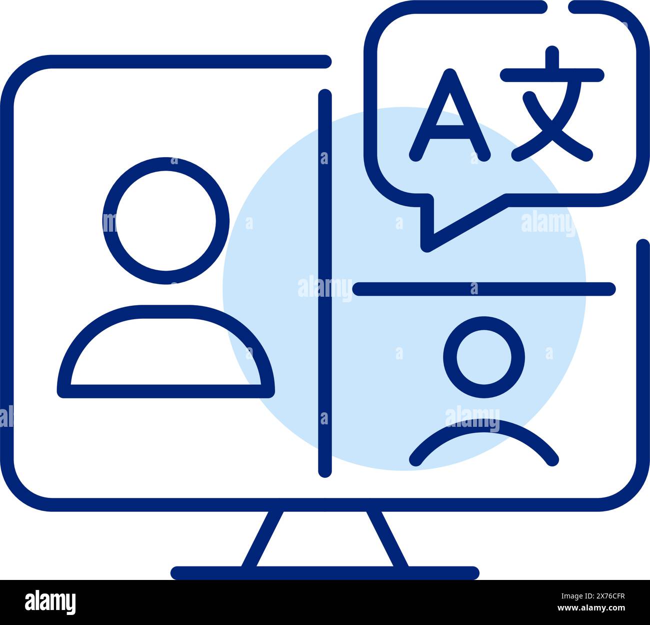 Video call with several people learning languages on computer. Remote learning and exchange. Editable vector icon Stock Vector
