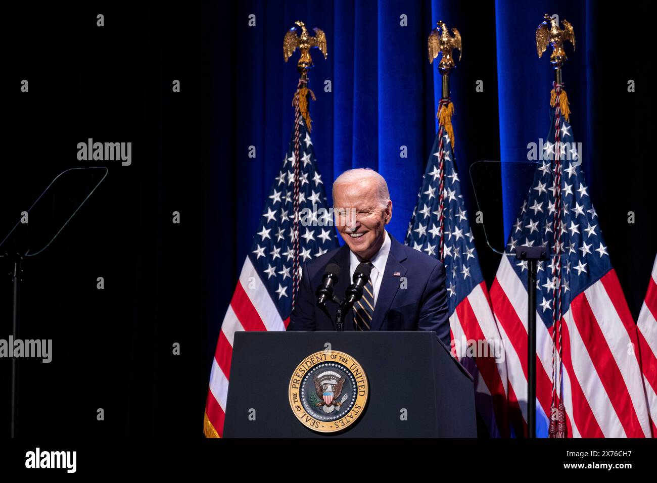 Washington, USA. 17th May, 2024. US President Joe Biden speaks at the National Museum of African American History and Culture in Washington, DC, US, on Friday, May 17, 2024. Black voters have long been a reliable mainstay of the Democratic Party, but Donald Trump, the former president and current Republican nominee, is garnering 22% support from Black voters in battleground states including Georgia. Photographer: Al Drago/Pool/Sipa USA Credit: Sipa USA/Alamy Live News Stock Photo