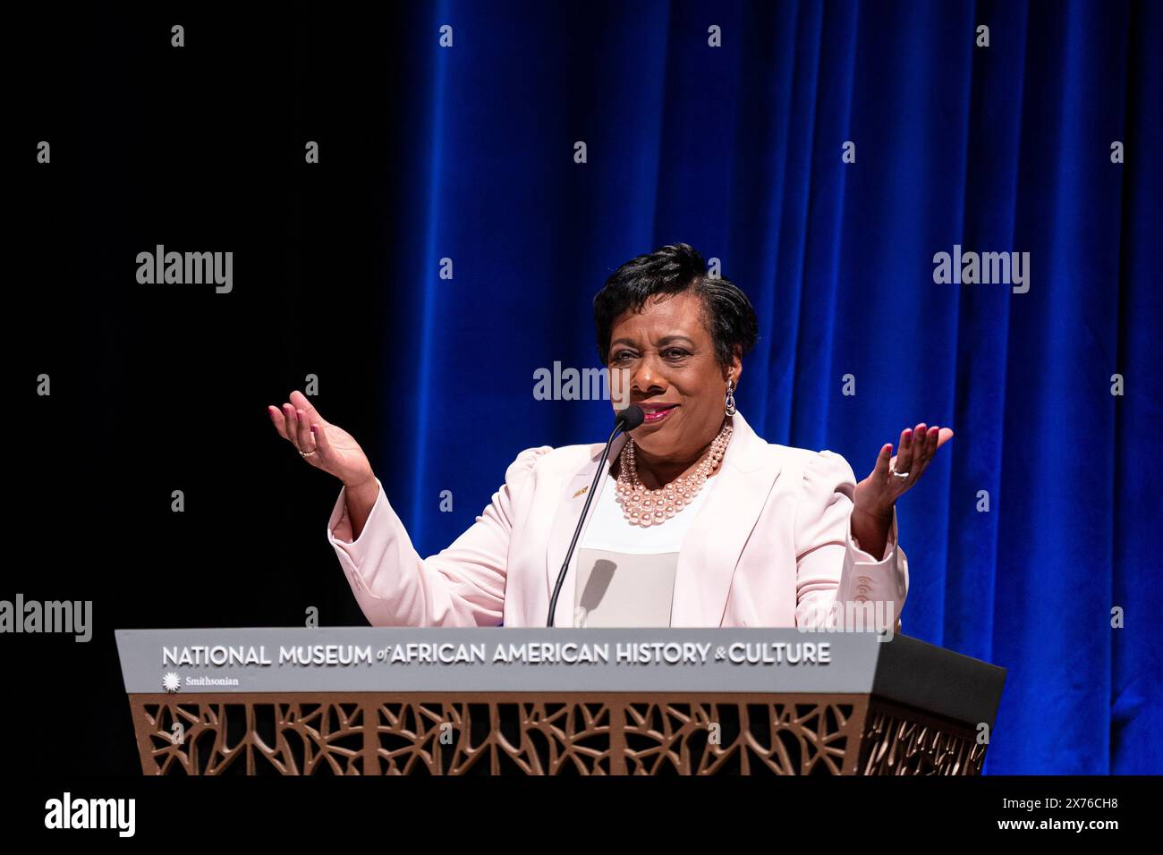 Washington, USA. 17th May, 2024. Becky Pringle, president of the National Education Association, speaks at the National Museum of African American History and Culture in Washington, DC, US, on Friday, May 17, 2024. Black voters have long been a reliable mainstay of the Democratic Party, but Donald Trump, the former president and current Republican nominee, is garnering 22% support from Black voters in battleground states including Georgia. Photographer: Al Drago/Pool/Sipa USA Credit: Sipa USA/Alamy Live News Stock Photo