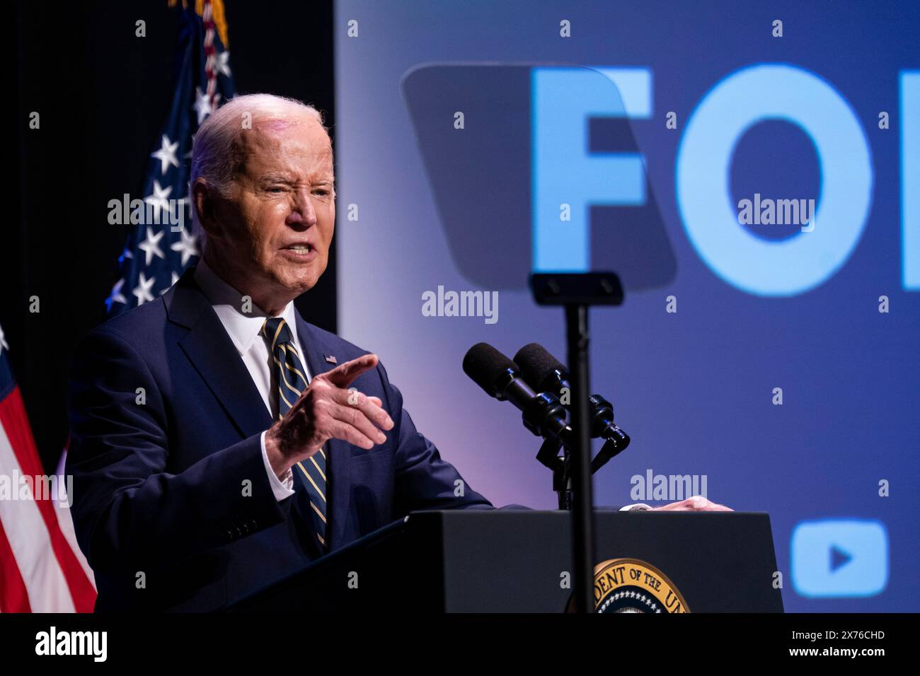 Washington, USA. 17th May, 2024. US President Joe Biden speaks at the National Museum of African American History and Culture in Washington, DC, US, on Friday, May 17, 2024. Black voters have long been a reliable mainstay of the Democratic Party, but Donald Trump, the former president and current Republican nominee, is garnering 22% support from Black voters in battleground states including Georgia. Photographer: Al Drago/Pool/Sipa USA Credit: Sipa USA/Alamy Live News Stock Photo