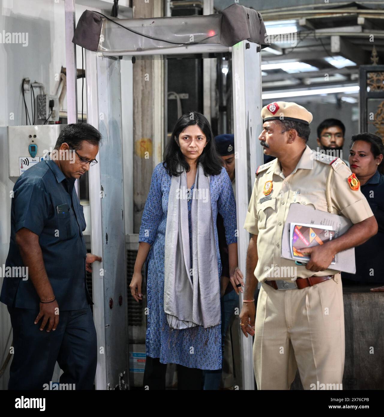 NEW DELHI, INDIA - MAY 17: AAP Rajya Sabha MP Swati Maliwal leaves the residence of Delhi Chief Minister Arvind Kejriwal after investigation of alleged assault case on May 17, 2024 in New Delhi, India. A team of Delhi Police accompanied by forensic experts visited Chief Minister Arvind Kejriwal residence here Friday and collected evidence in connection with the alleged assault on party MP Swati Maliwal there, officials said. Maliwal was also taken to the CM's house to recreate the crime scene and the sequence of event. (Photo by Sanchit Khanna/Hindustan Times/Sipa USA) Stock Photo