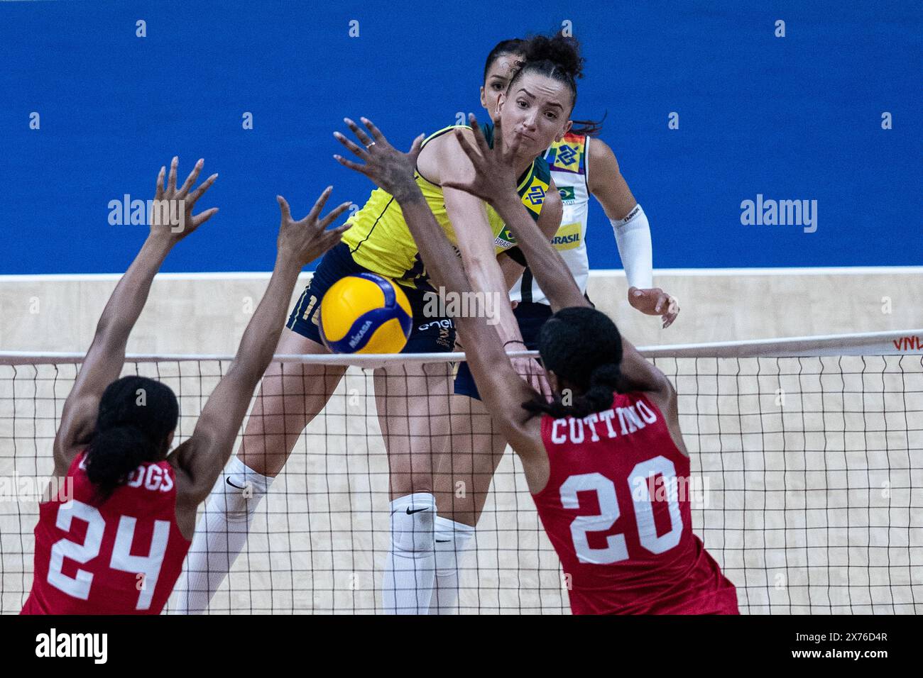 Rio De Janeiro. 18th May, 2024. Gabriela (C) of Brazil spikes during