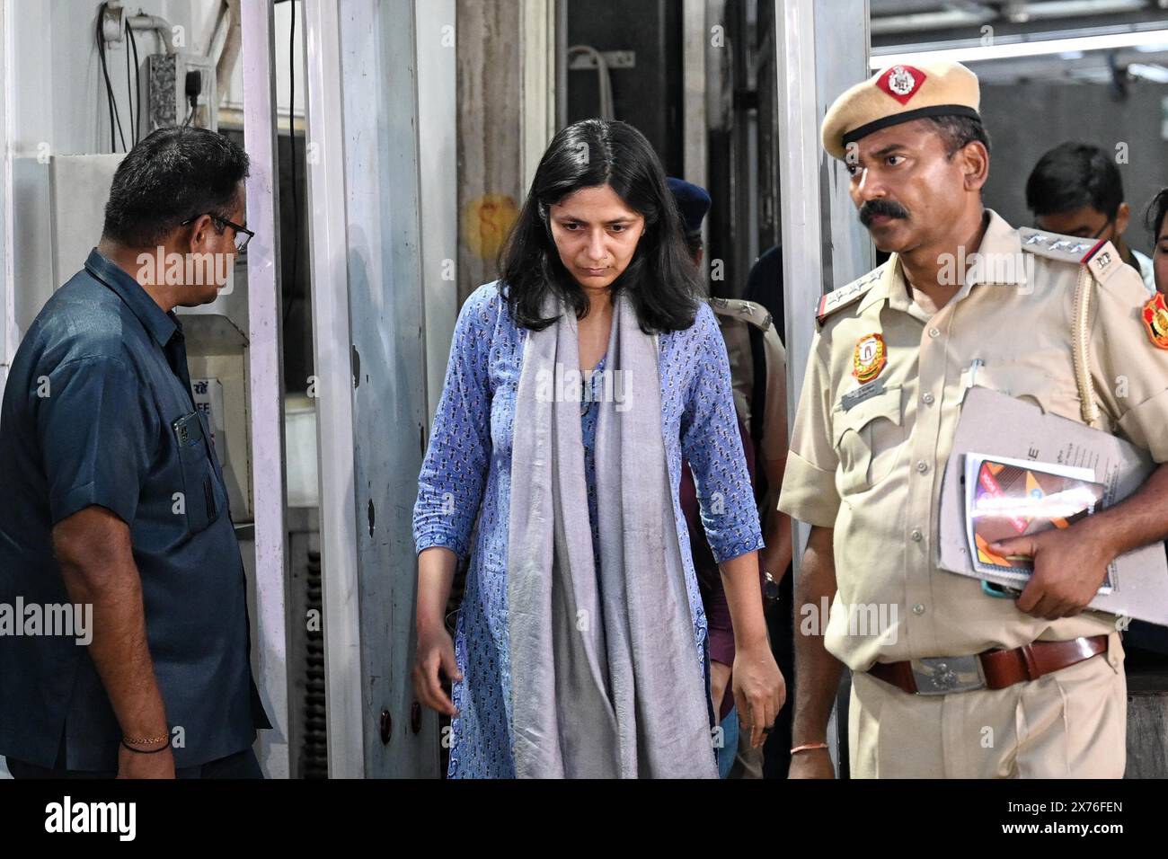 NEW DELHI, INDIA - MAY 17: AAP Rajya Sabha MP Swati Maliwal leaves the residence of Delhi Chief Minister Arvind Kejriwal after investigation of alleged assault case on May 17, 2024 in New Delhi, India. A team of Delhi Police accompanied by forensic experts visited Chief Minister Arvind Kejriwal residence here Friday and collected evidence in connection with the alleged assault on party MP Swati Maliwal there, officials said. Maliwal was also taken to the CM's house to recreate the crime scene and the sequence of event. (Photo by Sanchit Khanna/Hindustan Times/Sipa USA) Stock Photo