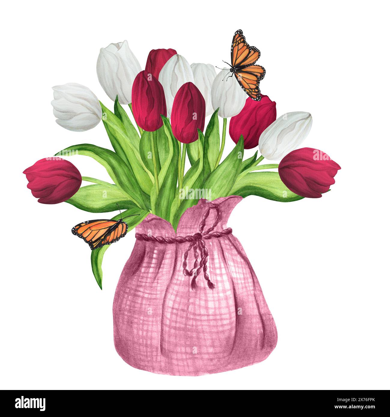 Hand-drawn watercolor illustration. Pink burlap sack with white and red tulips and butterflies. Floral bouquet in burlap sack. Eco-friendly pot for fl Stock Photo