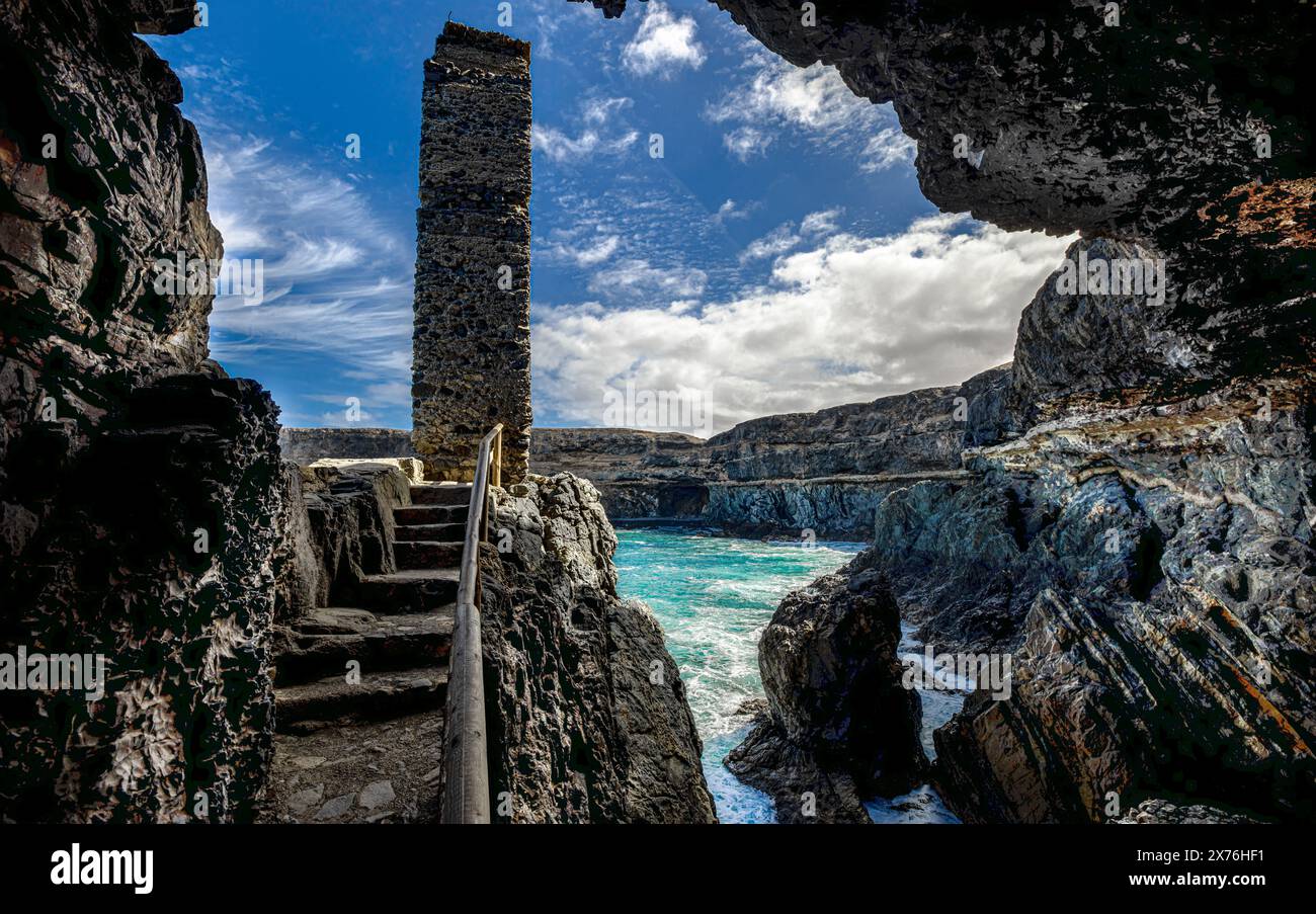 Incredible panoramic view from the caves of Ajuy, Fuerteventura, Spain, sea, blue, horizon Stock Photo