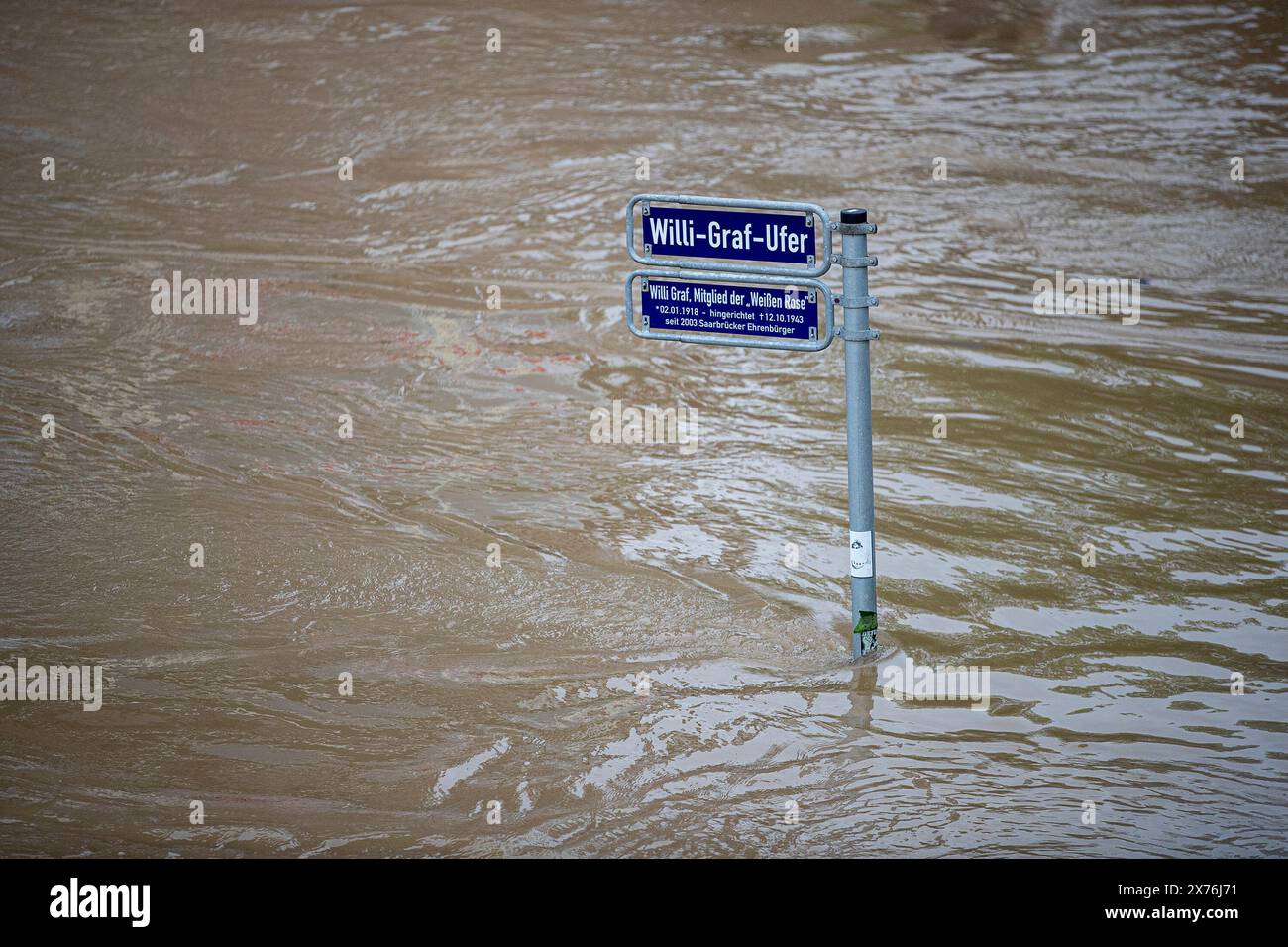 18 May 2024, Saarland, Saarbrücken: The Saar has burst its banks. Heavy continuous rain has caused multiple floods and landslides in Saarland. Photo: Laszlo Pinter/dpa Stock Photo