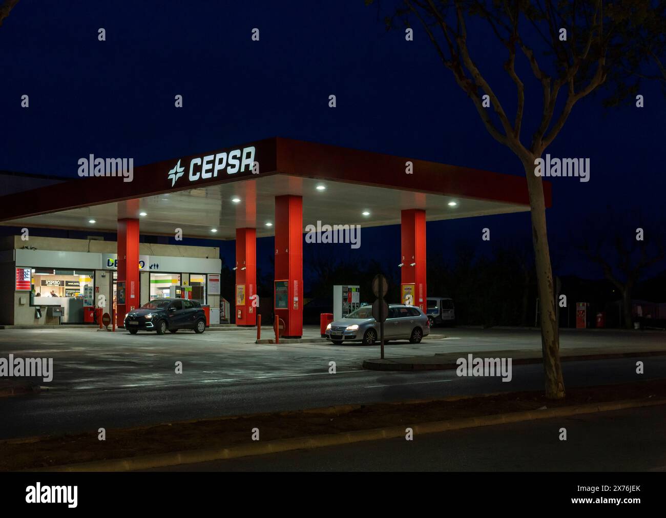 Cala Millor, Spain; march 30 2024: Gas station of the multinational company Cepsa in the Majorcan town of Cala Millor, at night Stock Photo