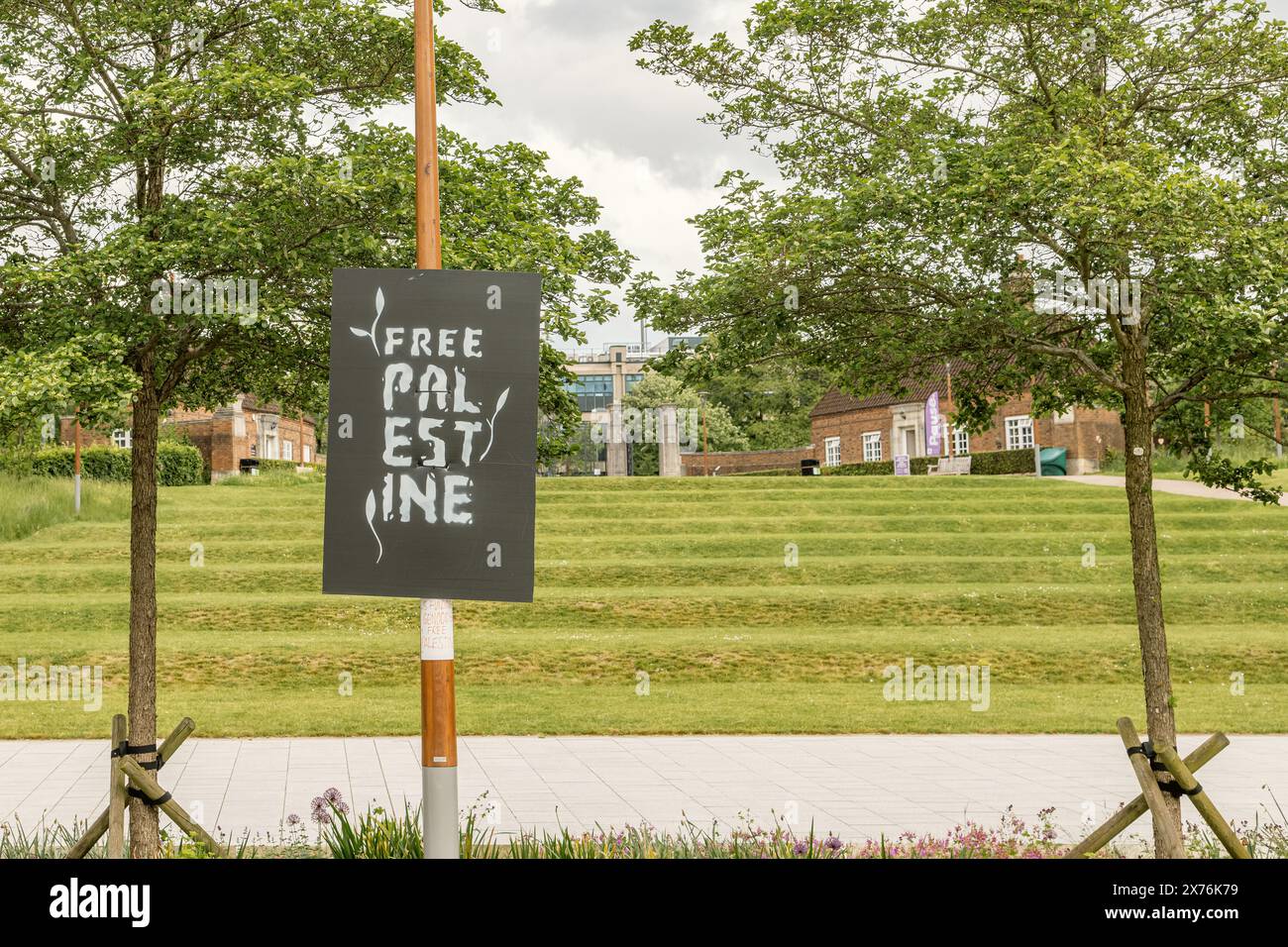A free Palestine banner attached to a post at the Pro Palestinian protest encampment at the University of Birmingham. Israel Hamas war student protest Stock Photo