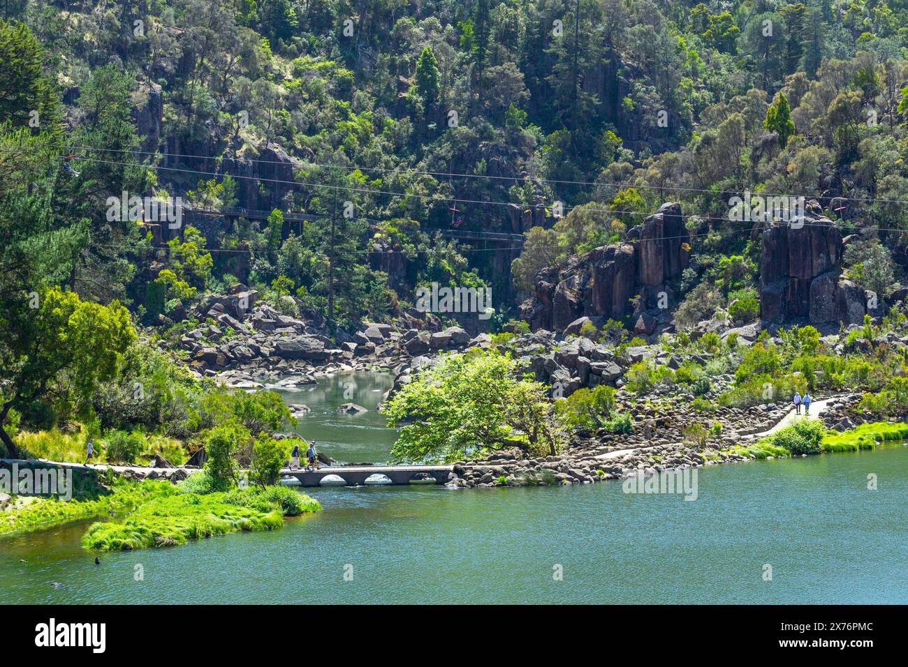 First Basin and the South Esk River in Cataract Gorge in Launceston, Tasmania, Australia, seen from the Alexandra Suspension Bridge. The park contains Stock Photo