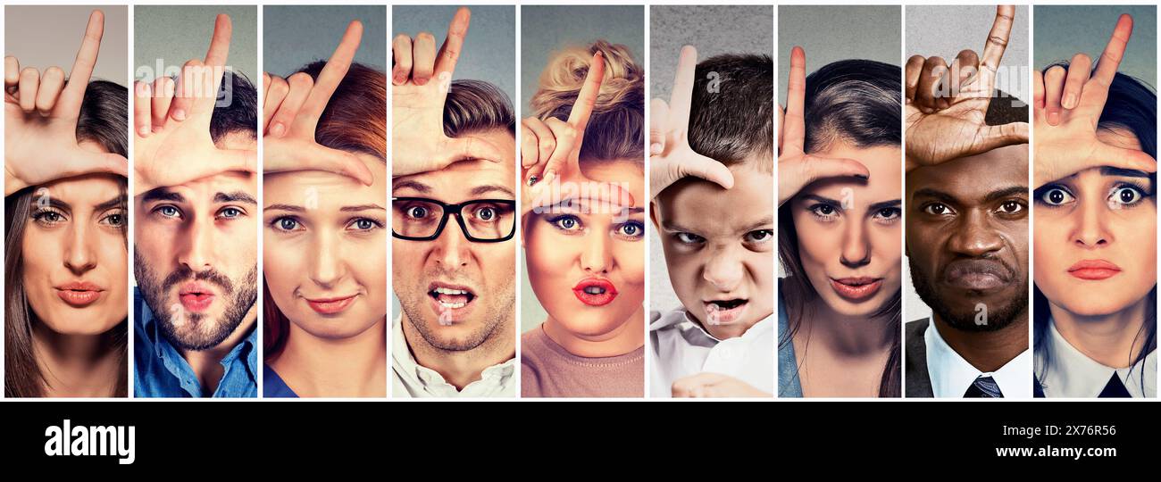 Multiethnic group of angry bully people men and women giving loser sign on forehead, looking at you with digest on face. Negative attitude concept Stock Photo