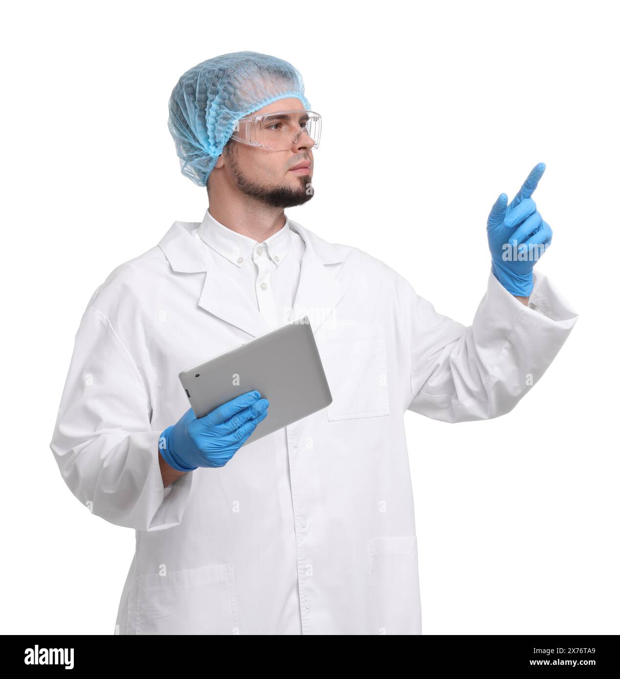 Quality control. Food inspector with tablet on white background Stock Photo