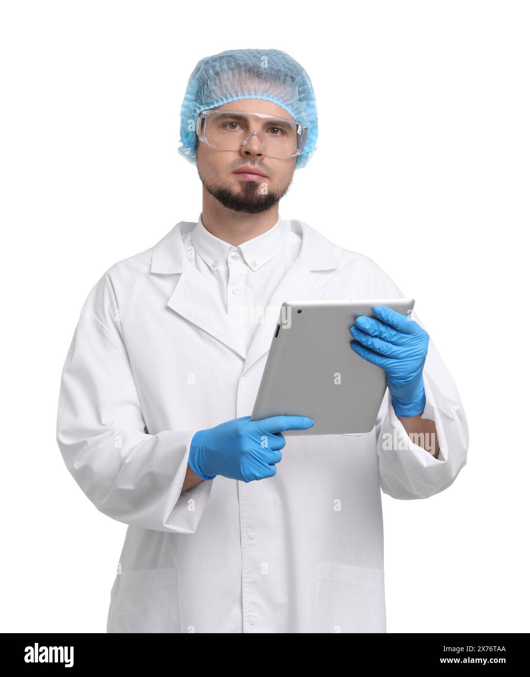 Quality control. Food inspector with tablet on white background Stock Photo