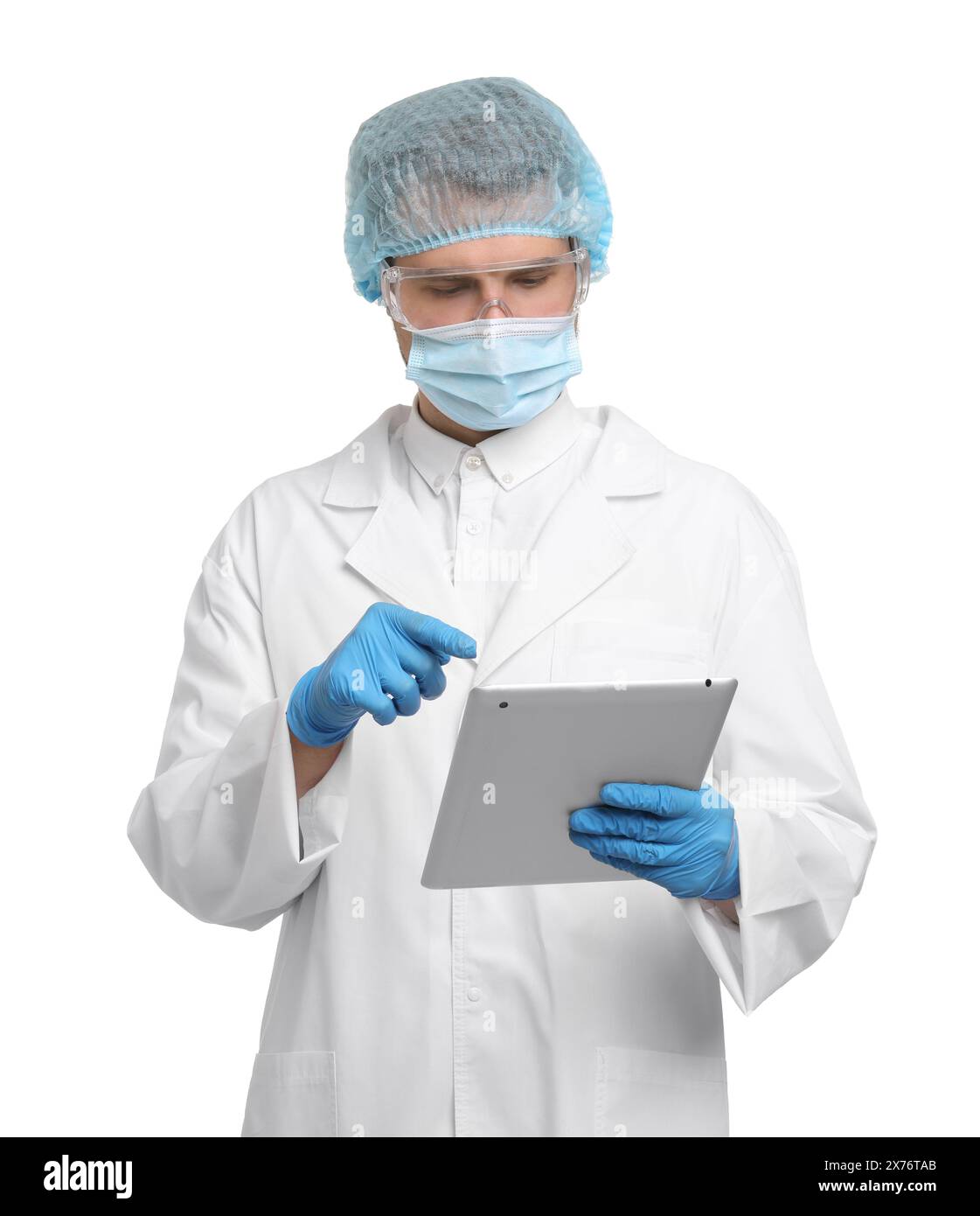 Quality control. Food inspector with tablet on white background Stock Photo
