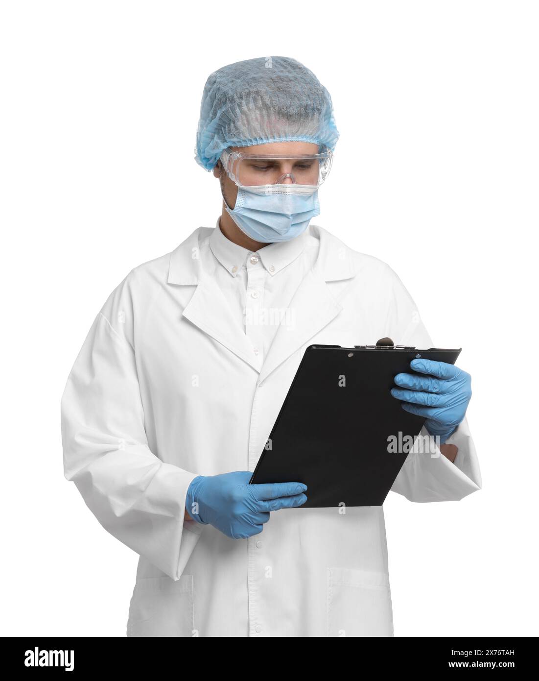 Quality control. Food inspector with clipboard on white background Stock Photo