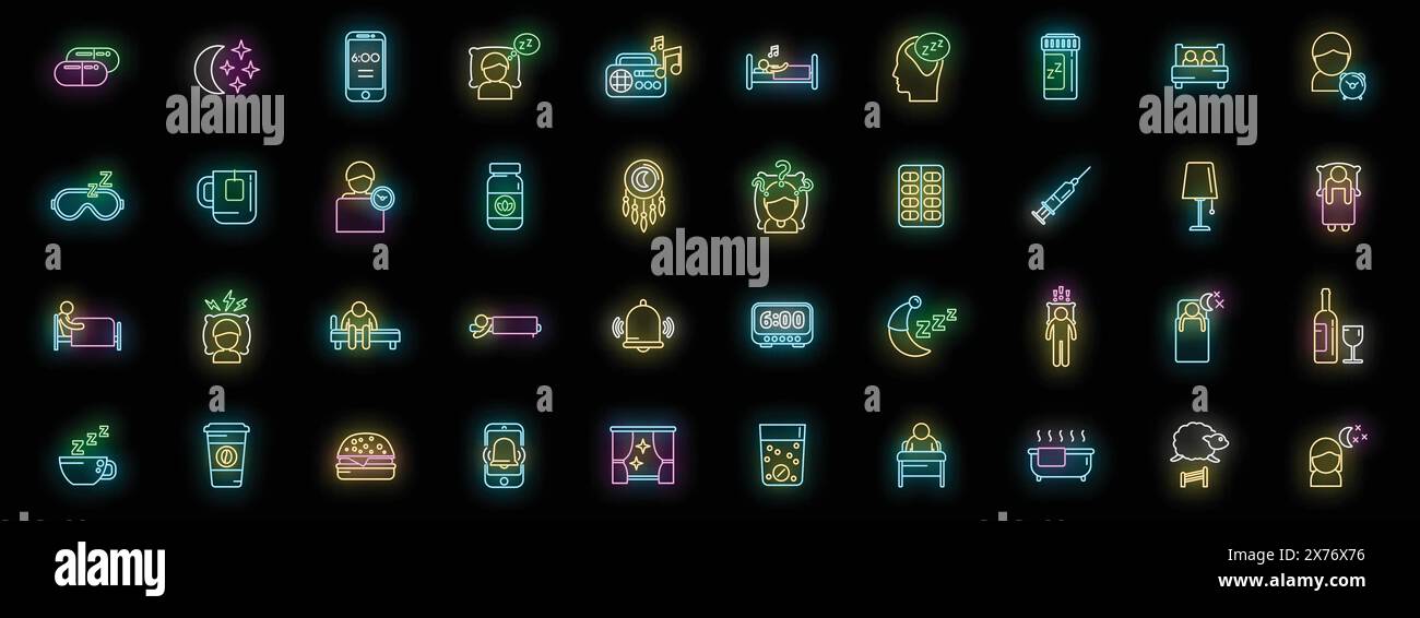Sleep problems icons set outline vector. Sleep mask. Dream trouble neon ...