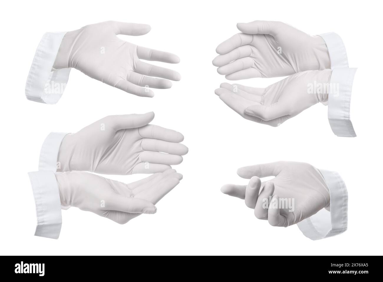 Doctor wearing medical gloves on white background, closeup. Collage of photos Stock Photo