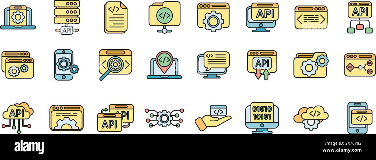 API icons set outline vector. Code develop. Computer software thin line color flat on white Stock Vector