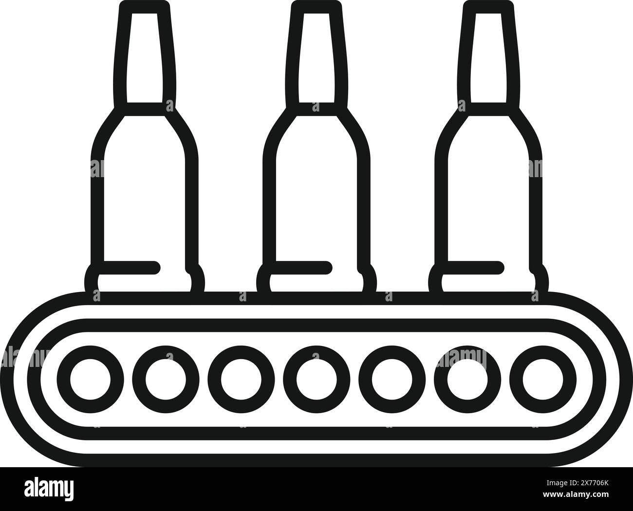 Line art vector of an industrial conveyor belt with three bottles, in ...
