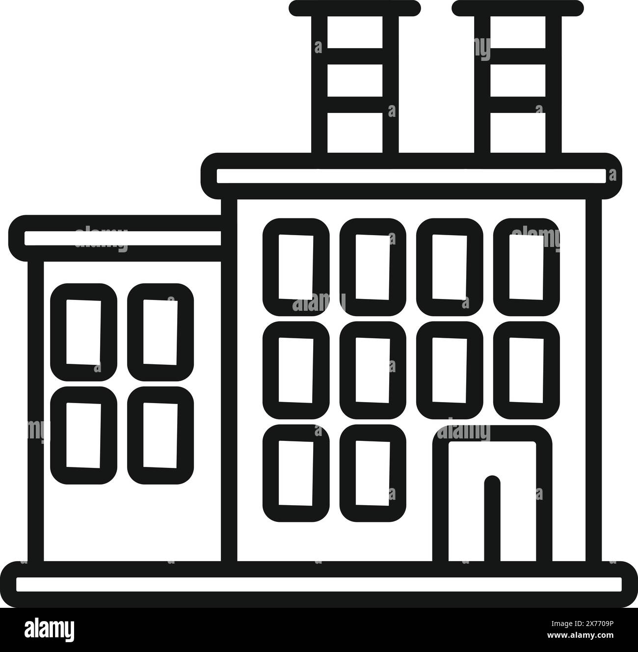 Minimalist industrial factory icon with clean lines, scalable vector art, and stylized smokestacks in black and white. Perfect for manufacturing, engineering, and environmental issues Stock Vector