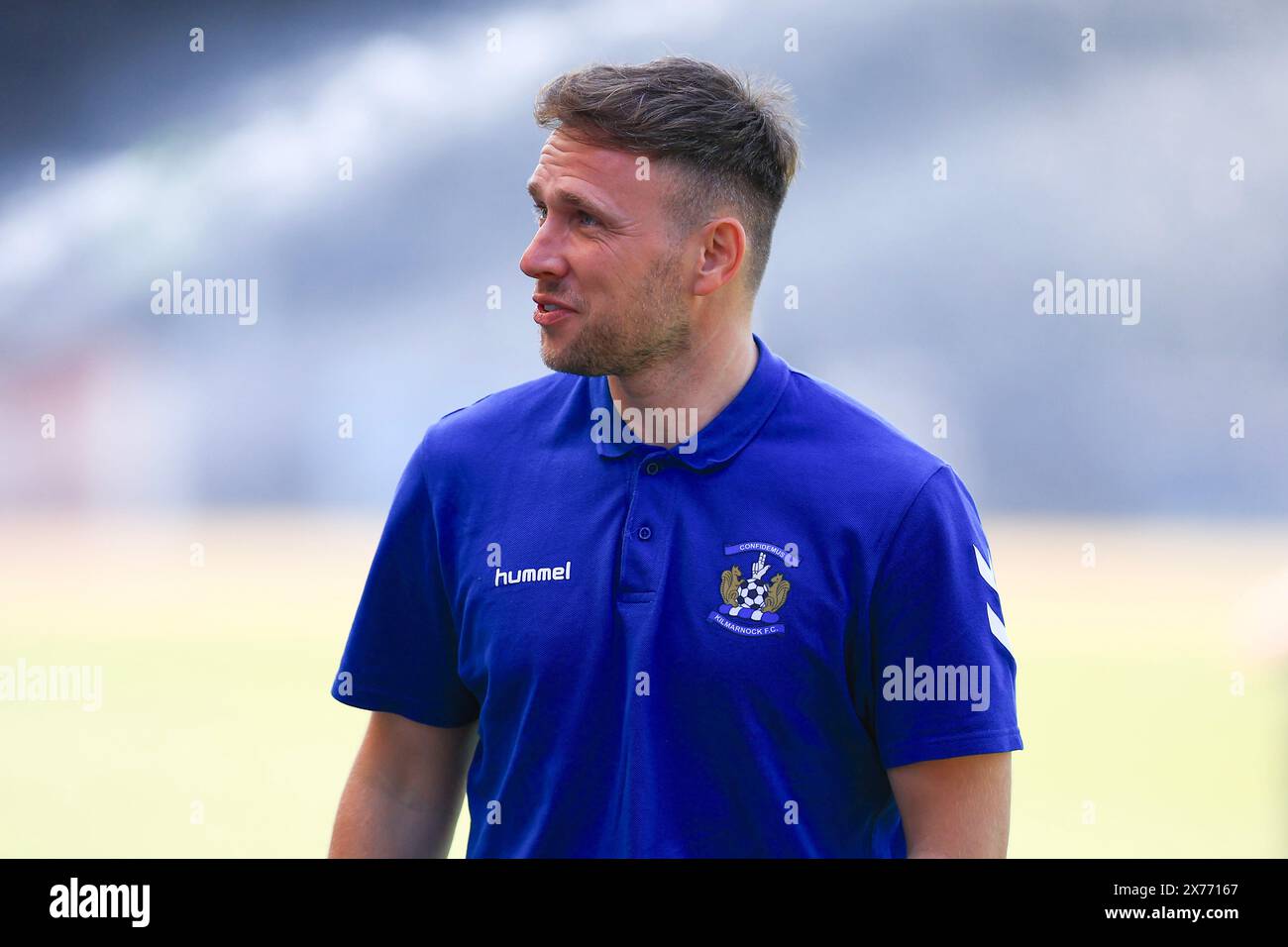 18th May 2024; Dens Park, Dundee, Scotland: Scottish Premiership Football, Dundee versus Kilmarnock; Greg Stewart of Kilmarnock inspects the pitch before the match Stock Photo