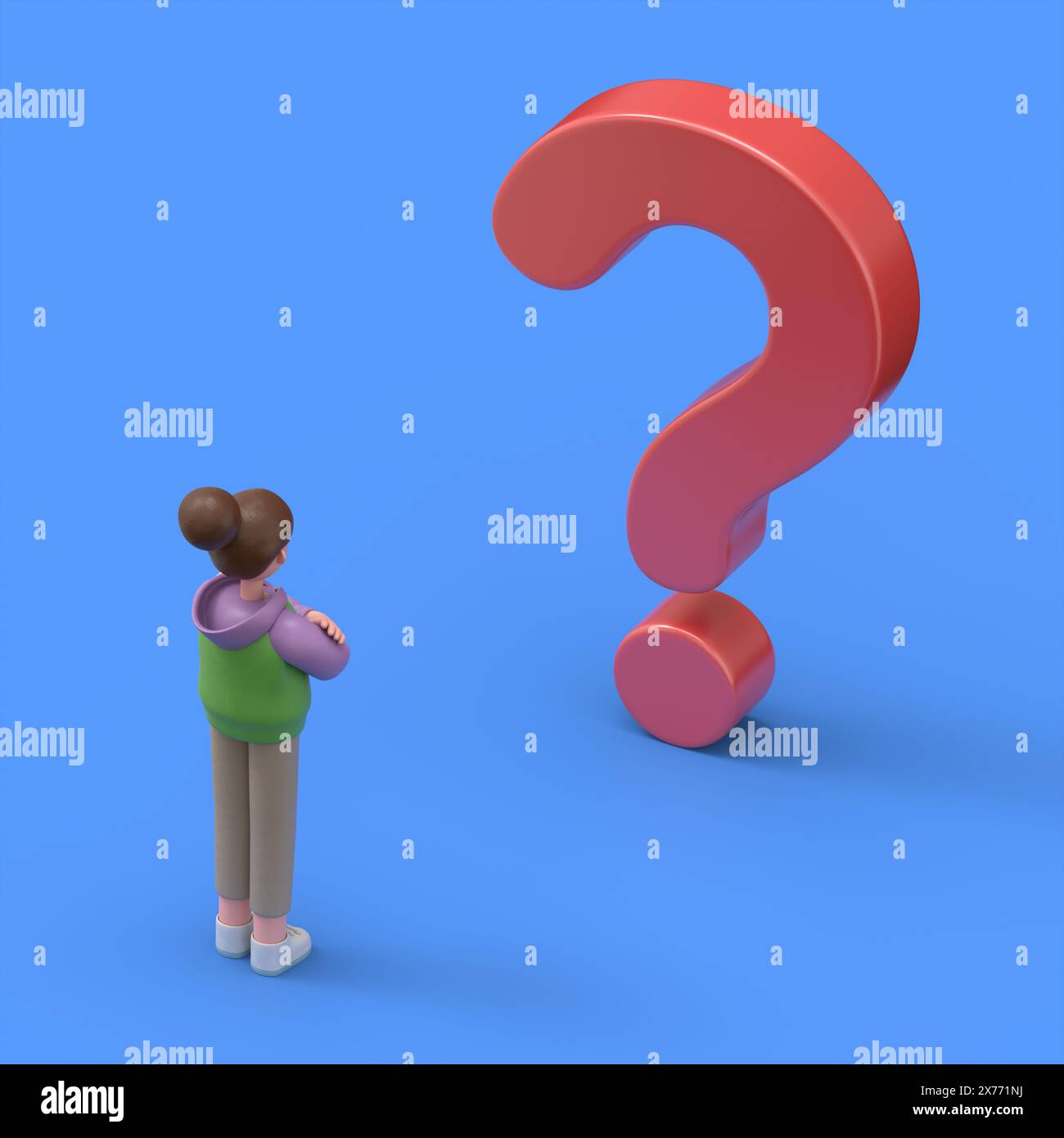 3D illustration of Asian girl Renae faces a big red question mark, solution to a problem or task.3D rendering on blue background. Stock Photo