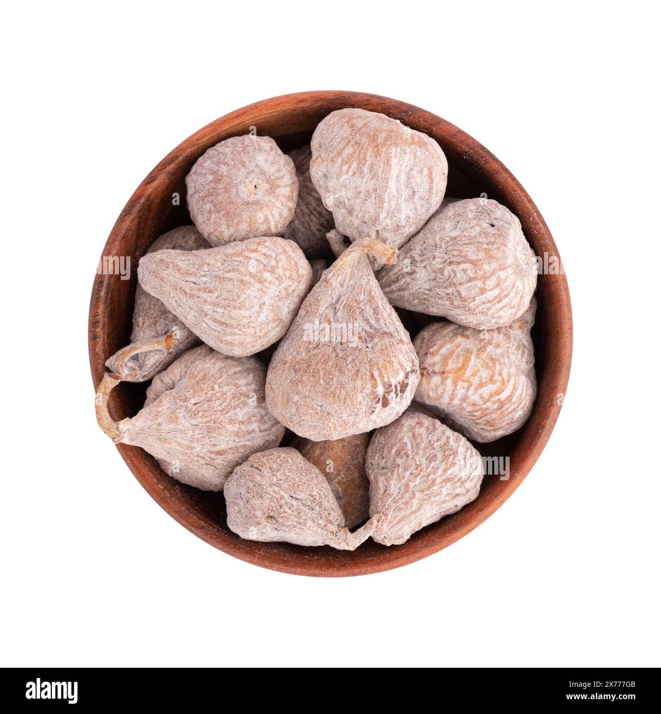dried baby figs in wooden bowl isolated on white background with