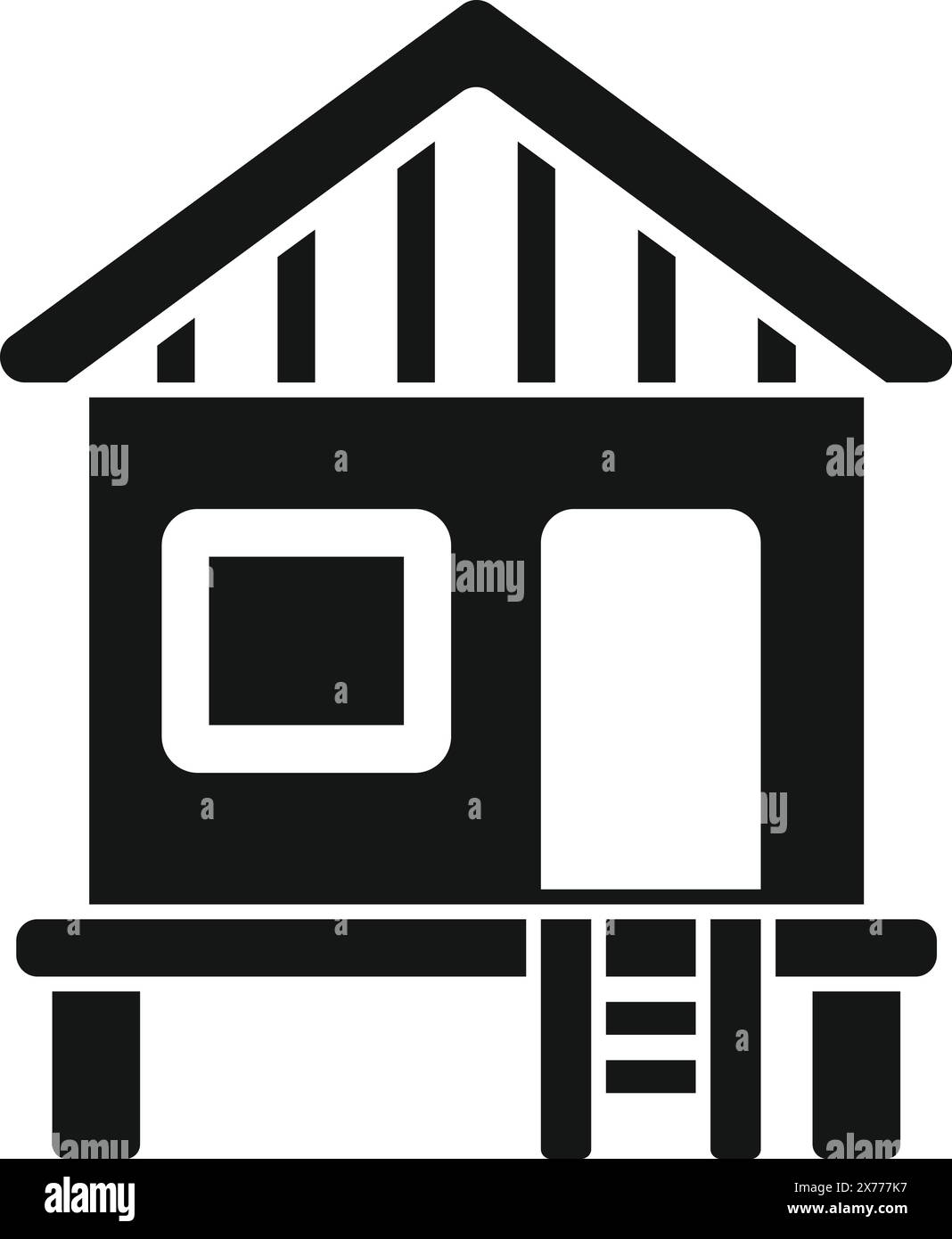 Simple black vector icon depicting a stylized stilt beach house with ...