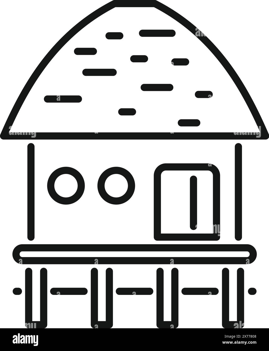 Black and white line art of a tropical stilt house, suitable for