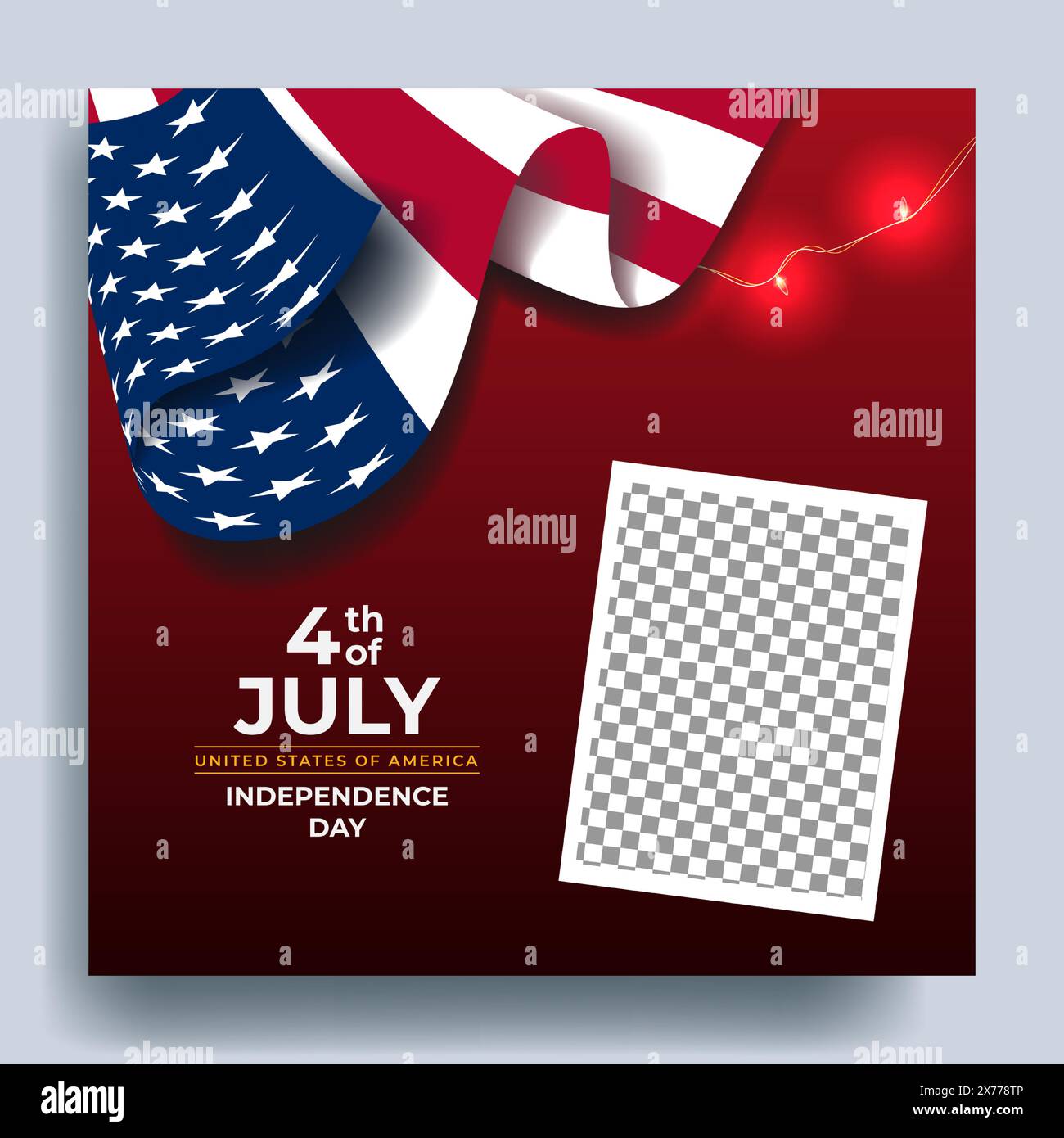 Realistic Modern 4th of July Square Banner Beautiful Lighting Design Stock Vector