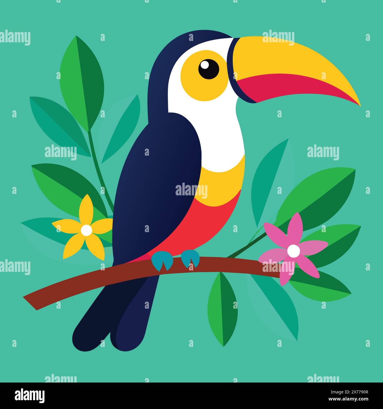 A colorful toucan sits on a branch with leaves and flowers. Stock Vector